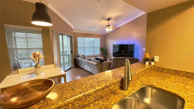 5017 City St Unit 1932, Orlando, FL 32839 - kitchen with ornamental molding, a textured wall, a ceiling fan, wood finished floors, and light stone countertops