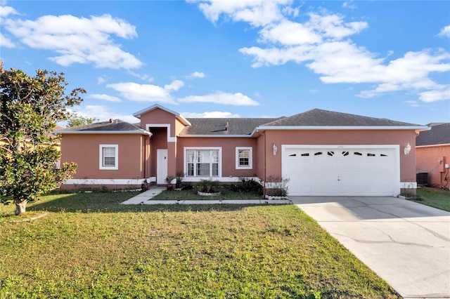 ranch-style home with a front lawn and stucco siding