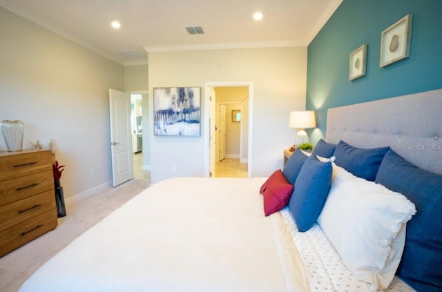 bedroom with light carpet and ornamental molding