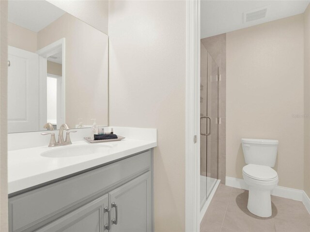 full bathroom featuring visible vents, toilet, a shower stall, baseboards, and tile patterned floors