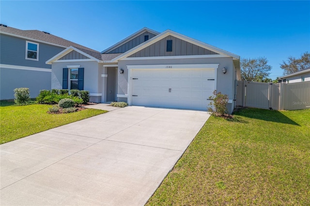 single story home with driveway, a garage, a gate, board and batten siding, and a front yard