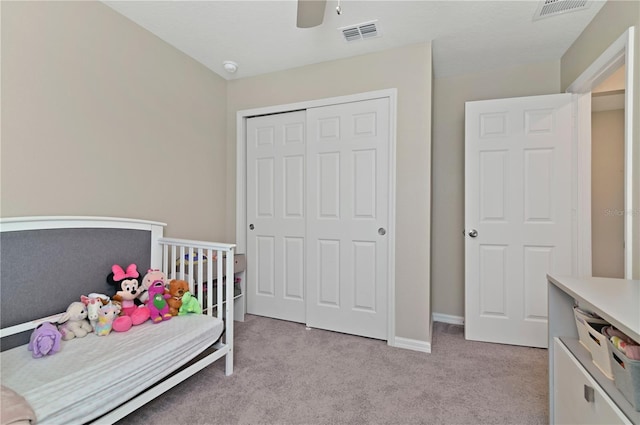 1546 Park Leah Cir, Apopka, FL 32712 - bedroom with baseboards, a closet, visible vents, and light colored carpet