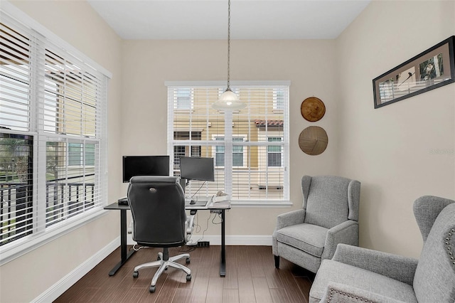 home office with plenty of natural light, wood finished floors, and baseboards