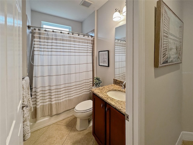 full bathroom with toilet, shower / bathtub combination with curtain, tile patterned flooring, and vanity