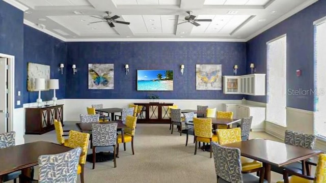 interior space featuring coffered ceiling, light carpet, and ceiling fan