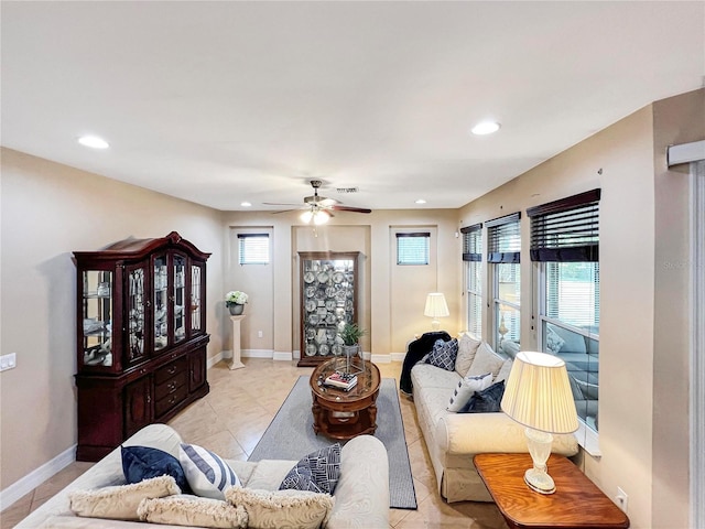 living room with ceiling fan