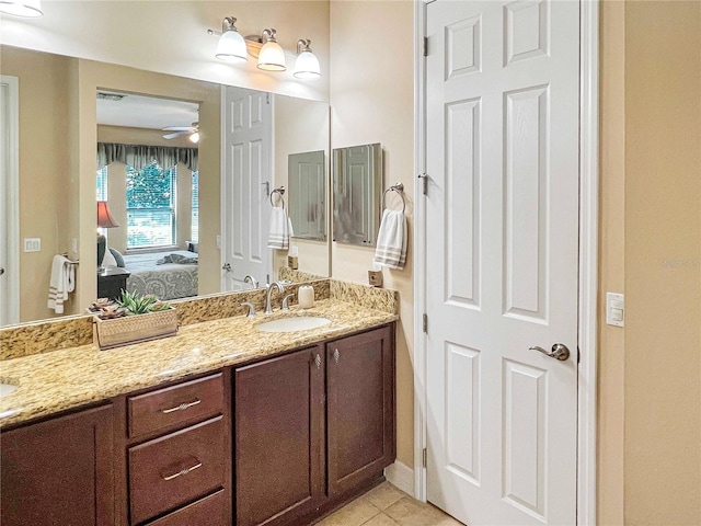 bathroom featuring ceiling fan, vanity, and tile patterned floors