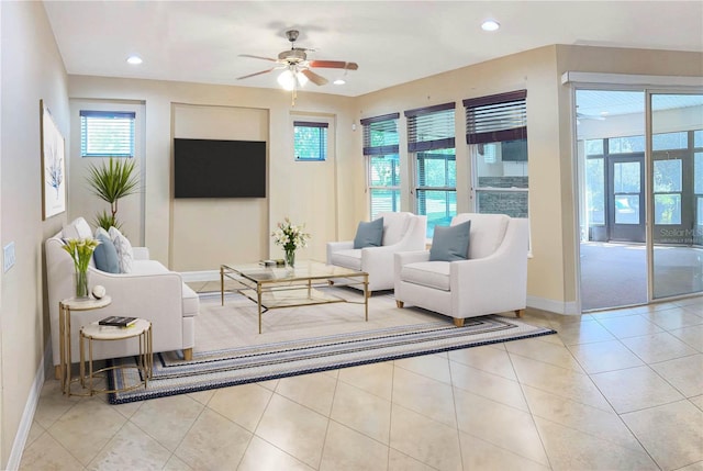 172 Balmy Coast Rd, Groveland, FL 34736 - living room with a ceiling fan, recessed lighting, and tile patterned floors