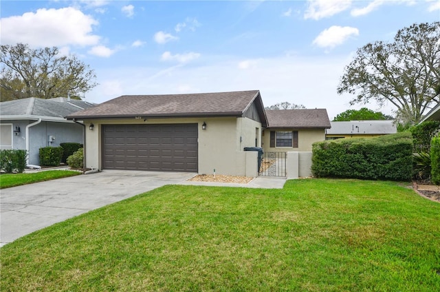 ranch-style house with stucco siding, an attached garage, a front yard, fence, and driveway