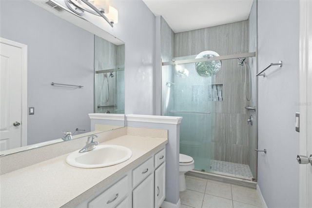 full bath with tile patterned flooring, toilet, vanity, visible vents, and a stall shower
