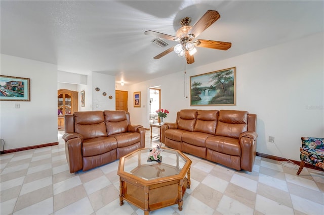 living room featuring ceiling fan