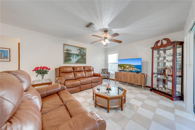 living room featuring ceiling fan