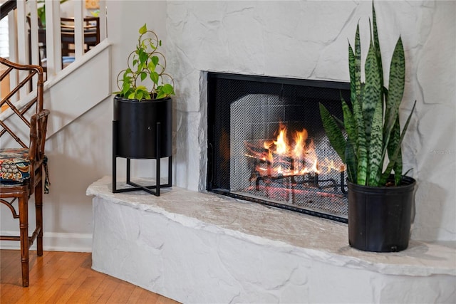 details featuring baseboards, wood finished floors, and a high end fireplace