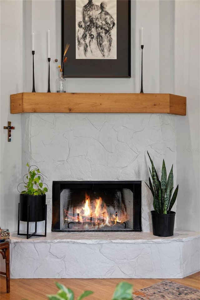 details featuring a fireplace and wood finished floors