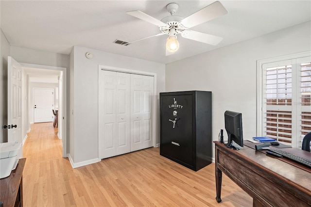 office space featuring ceiling fan, light wood finished floors, visible vents, and baseboards