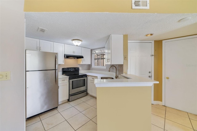 kitchen with kitchen peninsula, stainless steel appliances, sink, white cabinets, and light tile patterned flooring