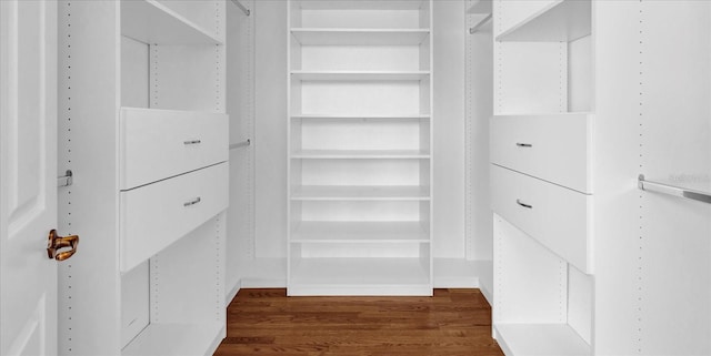 walk in closet with dark hardwood / wood-style floors