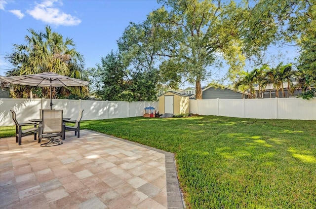 view of yard featuring a storage shed and a patio