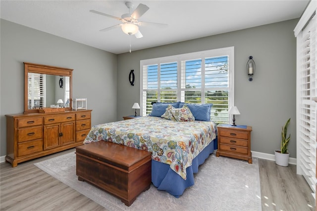 bedroom featuring ceiling fan and light wood-type flooring