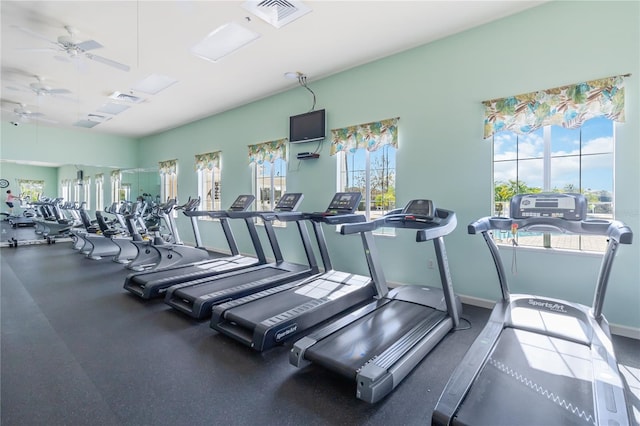 exercise room with ceiling fan