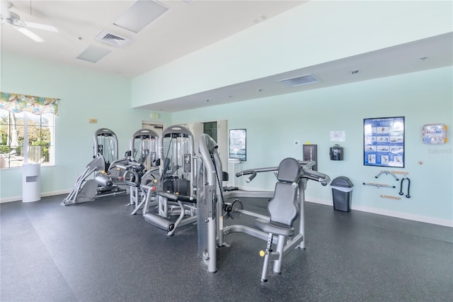 workout area with ceiling fan