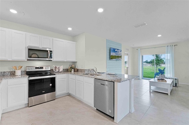 kitchen featuring stainless steel appliances, light stone counters, sink, white cabinetry, and kitchen peninsula