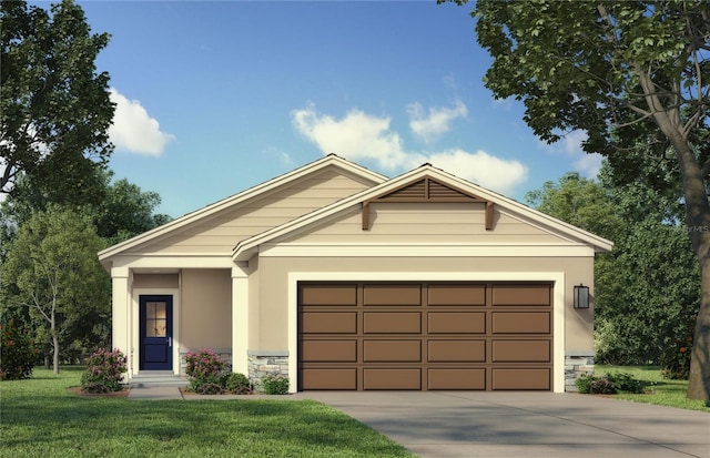 view of front of property featuring a front yard and a garage