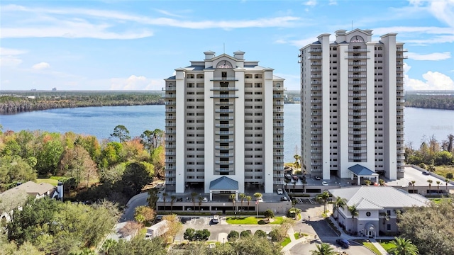 exterior space with a water view