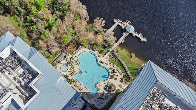 drone / aerial view with a water view