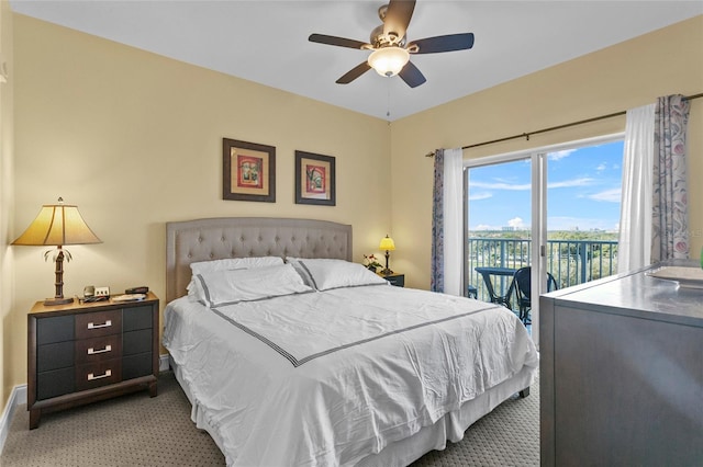 bedroom with access to exterior, ceiling fan, and light colored carpet