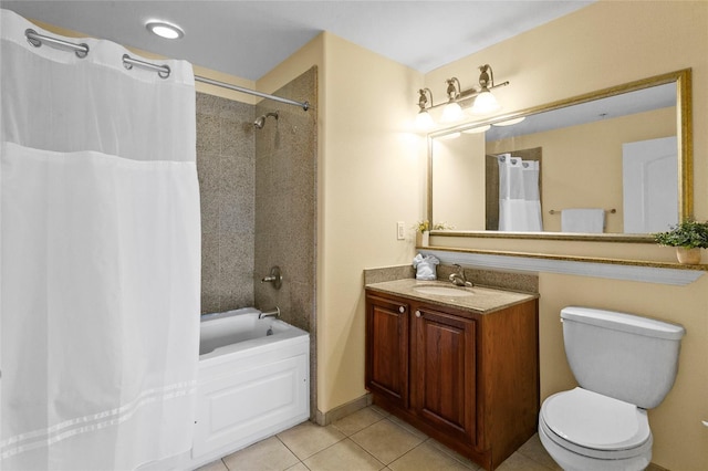 bathroom with toilet, tile patterned flooring, shower / tub combo with curtain, and vanity