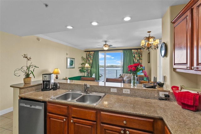 kitchen with dishwasher, open floor plan, crown molding, a sink, and light tile patterned flooring