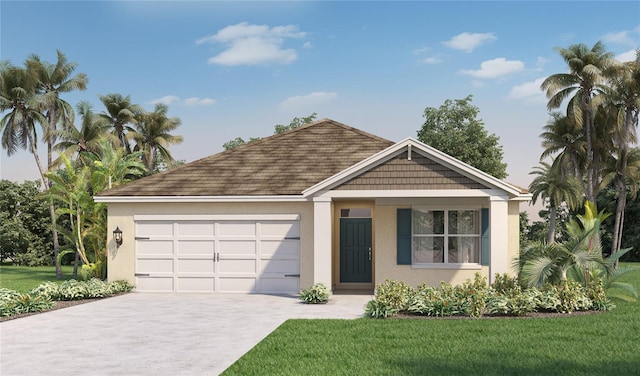 view of front of property featuring a front lawn and a garage