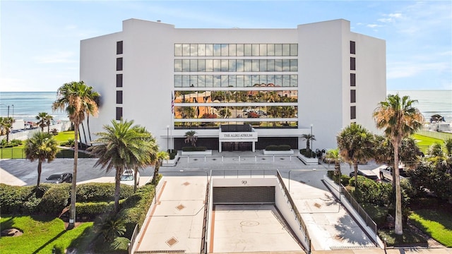 view of building exterior with a water view