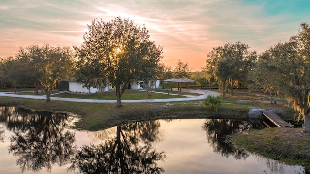 view of community featuring a water view and a lawn