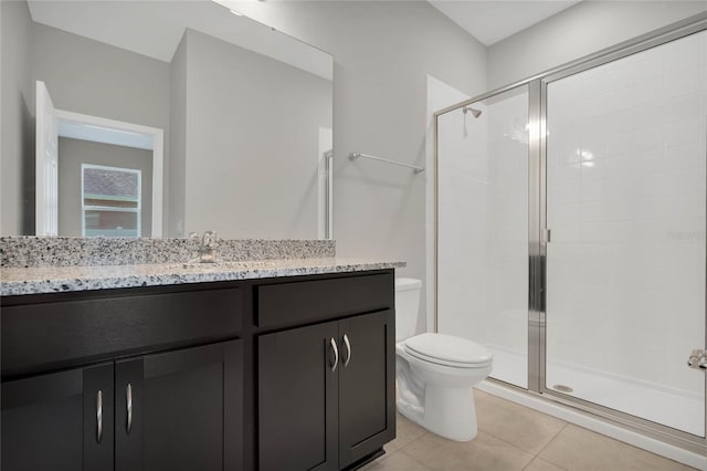 bathroom with tile patterned floors, vanity, toilet, and a shower with door