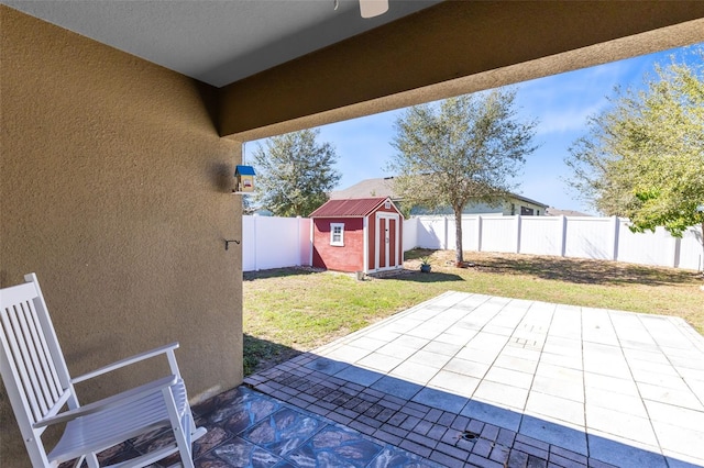 view of patio / terrace with a storage shed