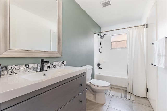 bathroom with visible vents, toilet, tile patterned flooring, shower / bathtub combination with curtain, and vanity