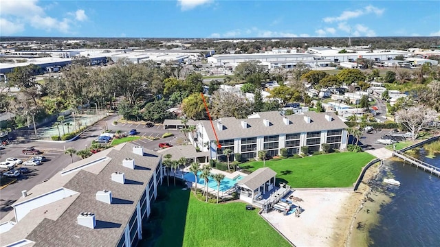 bird's eye view with a water view