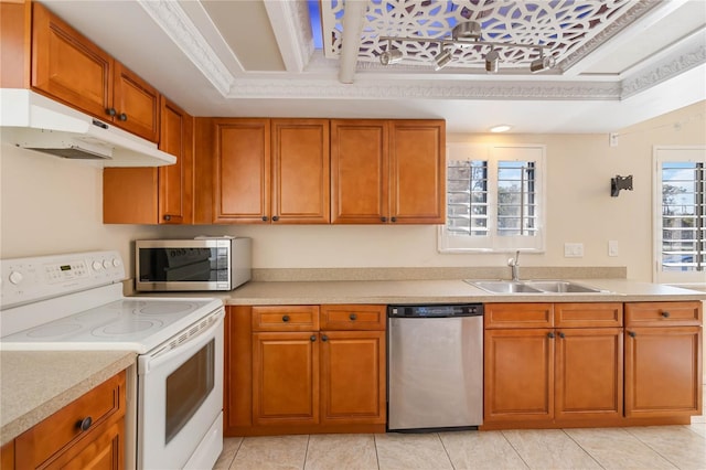 kitchen with appliances with stainless steel finishes, ornamental molding, sink, and a raised ceiling