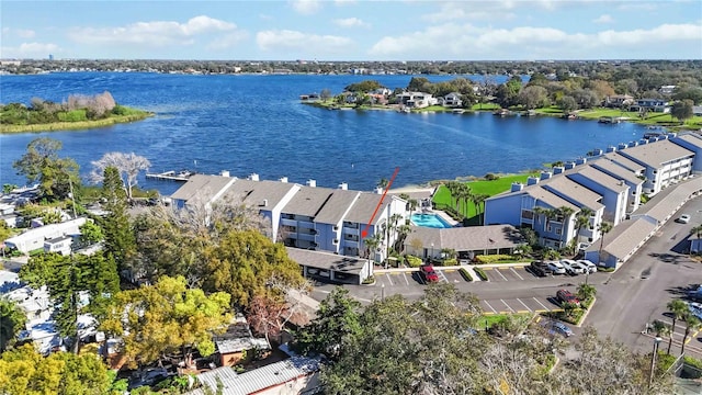 drone / aerial view with a water view