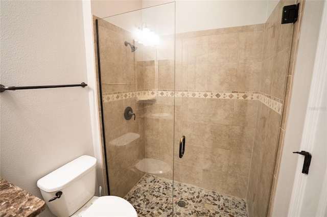 full bathroom featuring a stall shower and toilet