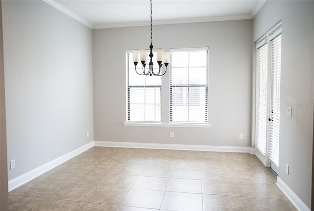 unfurnished dining area with baseboards, a notable chandelier, and crown molding