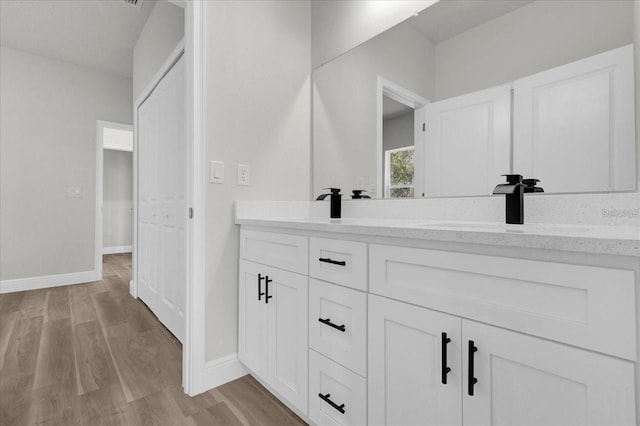 full bathroom featuring double vanity, wood finished floors, a sink, and baseboards