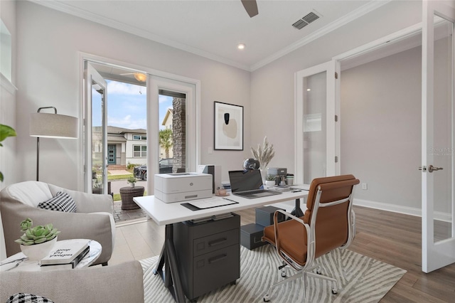 home office with baseboards, visible vents, ornamental molding, wood finished floors, and recessed lighting