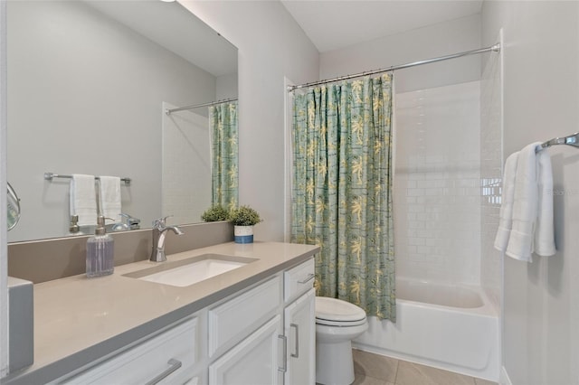 full bathroom featuring shower / bath combination with curtain, vanity, toilet, and tile patterned floors