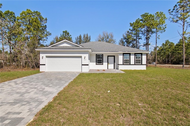 ranch-style house featuring an attached garage, a front lawn, decorative driveway, and stucco siding