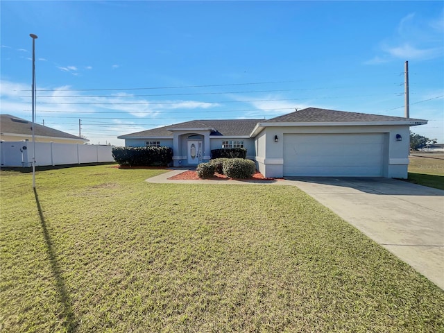 single story home featuring driveway, a front yard, fence, and stucco siding