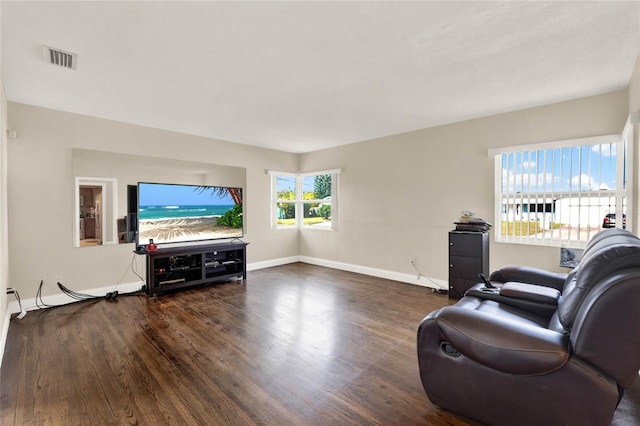 living room featuring dark hardwood / wood-style flooring and a wealth of natural light