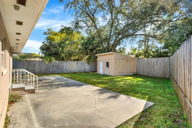 view of yard with a patio area and a storage shed